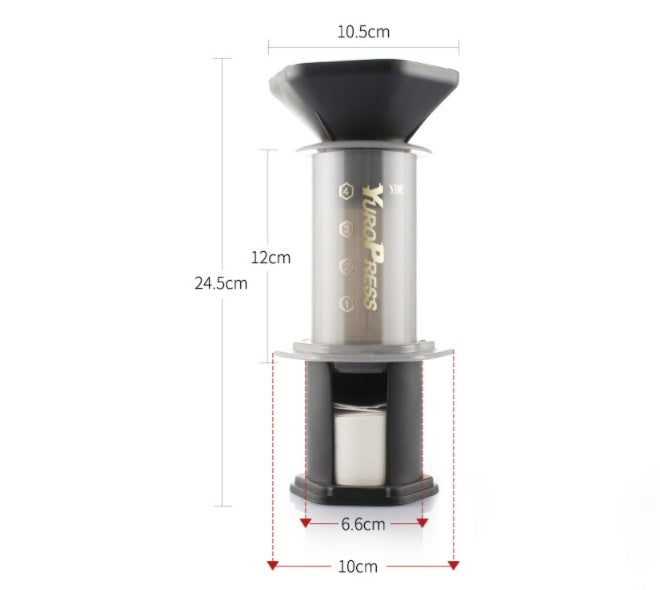 Shopi Vella French press coffee maker with stainless steel and black plastic components showing dimensions