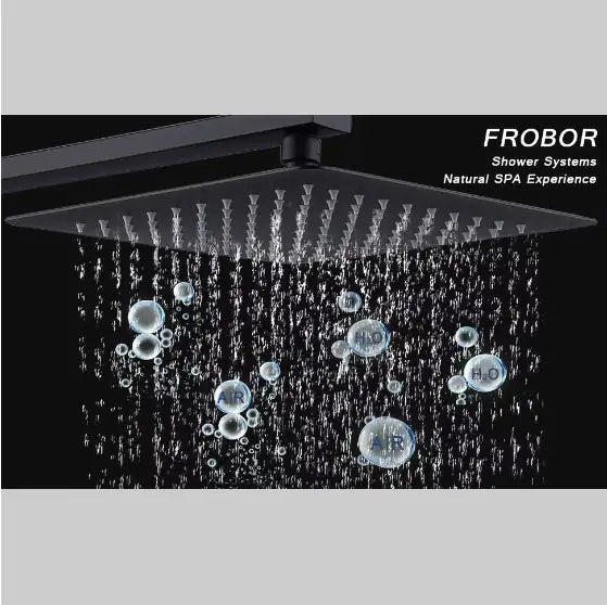 Matte black rainfall shower system dispersing water with air infused bubbles for natural SPA experience
