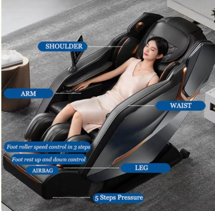 Shopi Vella zero gravity massage chair with heat featuring shoulder arm waist leg airbags and foot roller controls