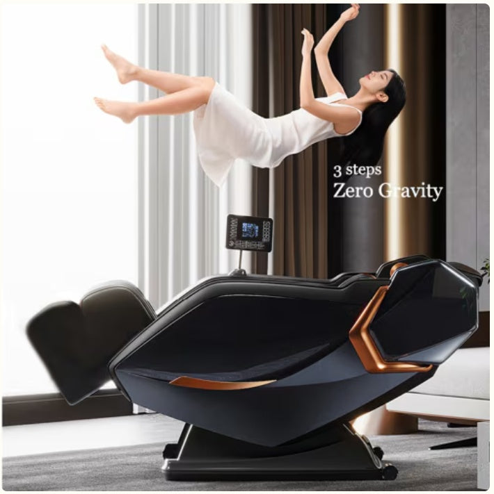 Shopi Vella zero gravity massage chair with heat in sleek black and copper design with digital control panel
